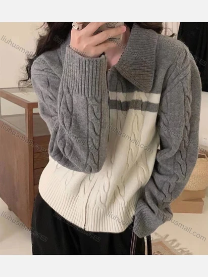 Wholesale Women's Casual Collared Zipper Colorblock Knitted Jackets 8124#