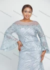Wholesale Women's Glamorous Bell Sleeve Lace Mermaid Floor Length Evening Dress With Belt - Liuhuamall