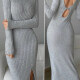 Women's Fashion Plain High Neck Long Sleeve Cutout Back Split Hem Bodycon Maxi Sweater Dress Light Gray Clothing Wholesale Market -LIUHUA