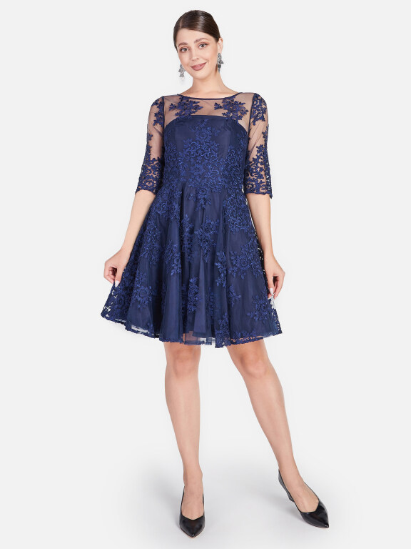 Women's Embroidered Lace Round Neck Half Sleeve Elegant Cocktail Dress, Clothing Wholesale Market -LIUHUA, All Categories