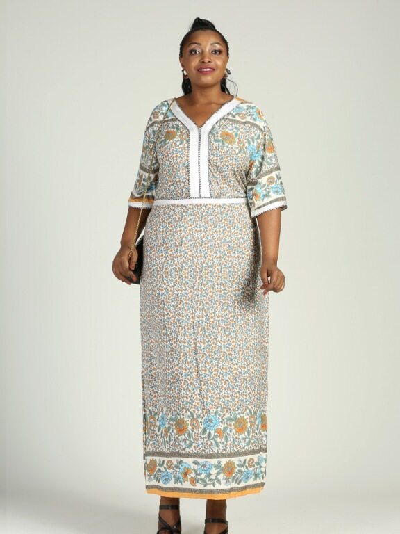Women's Plus Size Ditsy Floral V Neck Half Sleeve Maxi Dress, Clothing Wholesale Market -LIUHUA, 