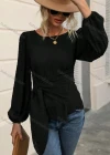 Wholesale Women's Casual Plain Bateau Neck Long Sleeve Twist Blouse - Liuhuamall