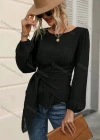 Wholesale Women's Casual Plain Bateau Neck Long Sleeve Twist Blouse - Liuhuamall