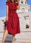 Wholesale Women's Casual Plain Button Front Ruffle Trim Midi Dress With Belt - Liuhuamall