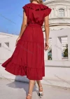 Wholesale Women's Casual Plain Button Front Ruffle Trim Midi Dress With Belt - Liuhuamall