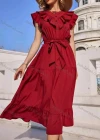 Wholesale Women's Casual Plain Button Front Ruffle Trim Midi Dress With Belt - Liuhuamall