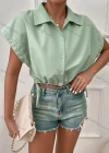 Wholesale Woman's Casual Shirt Collar Short Sleeve Button Front Drawstring Crop Top - Liuhuamall