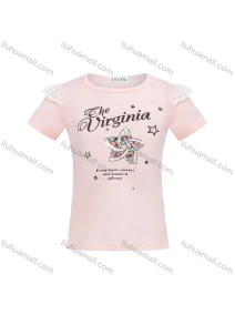 Wholesale Girls Casual Round Neck Letter Print Lace Trim Sequin Short Sleeve Tee, LIUHUA CLOTHING WHOLESALE