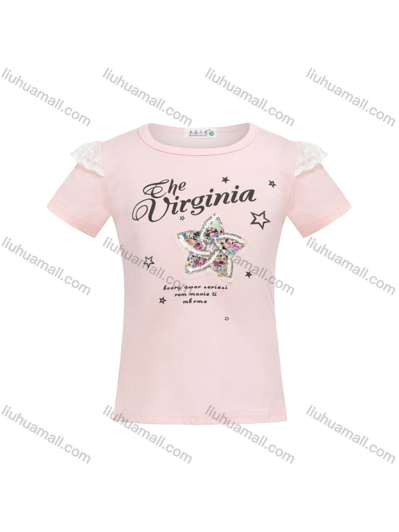 Wholesale Girls Casual Round Neck Letter Print Lace Trim Sequin Short Sleeve Tee