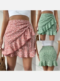 Wholesale Women's High Waist Ruffle Trim Wrap Floral Print Short Skirt X2711L#, LIUHUA CLOTHING WHOLESALE