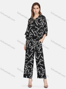 Wholesale Women's Casual Bow Knot Rhinestone Button Down Shirt & Pants 2-piece Set, LIUHUA CLOTHING WHOLESALE