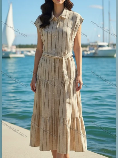 Wholesale Women's Beige Striped Shirt Dress! Sleeveless, Collared, with Waist Tie. Ideal for Bulk Buys!