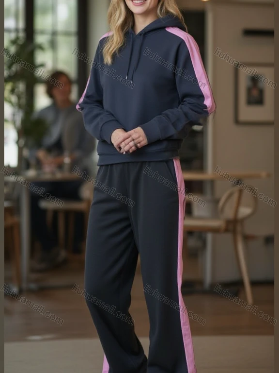 Wholesale Women's 2 - piece Set! Dark Gray Hoodie w/ Pink Side Stripes, Paired w/ Matching Sweatpants. Trendy & Comfy.