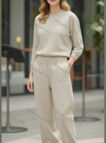 Wholesale Women's Beige Cardigan Suit w/ Striped Pants - Minimalist Pink Accents for Casual Athleisure, LIUHUA CLOTHING WHOLESALE