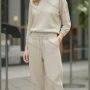 Wholesale Women's Beige Cardigan Suit w/ Striped Pants - Minimalist Pink Accents for Casual Athleisure preview