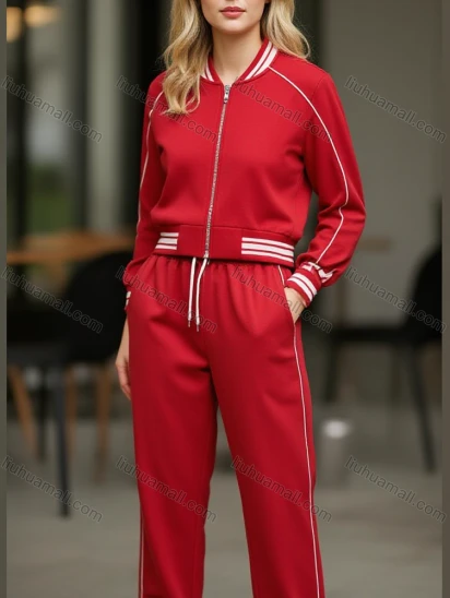 Wholesale Women's Red Tracksuit Set w/ White Stripes - Casual Athletic 2 - Piece Outfit for Daily Comfort
