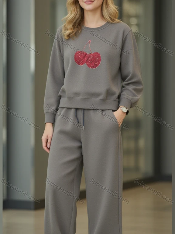 Wholesale Women's Grey Athletic 2 - Piece Set w/ Striped Joggers & Pink Accents - Lightweight Casual Sportswear