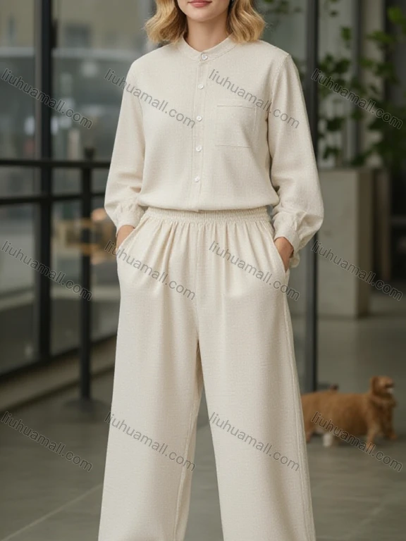 Wholesale Women's Beige Lounge Set w/ Striped Pants & Pockets - Ultra Soft Casual 2 - Piece Outfit
