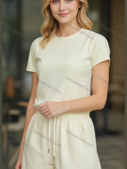 Wholesale Two - piece Set for Women! Light Yellow Short - sleeved Top & Matching Shorts. Ideal for Wholesale!