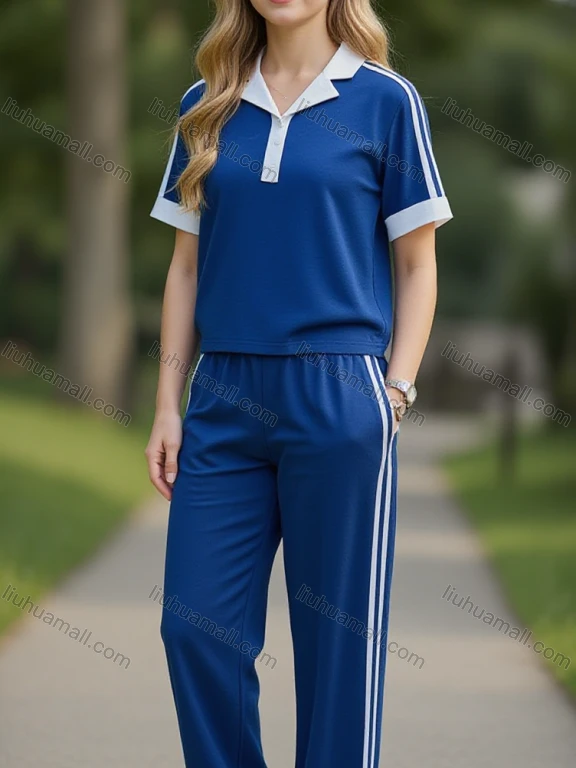 Wholesale Women's 2-Piece Set: Royal Blue Top & White Striped Trousers. Casual Outfit.