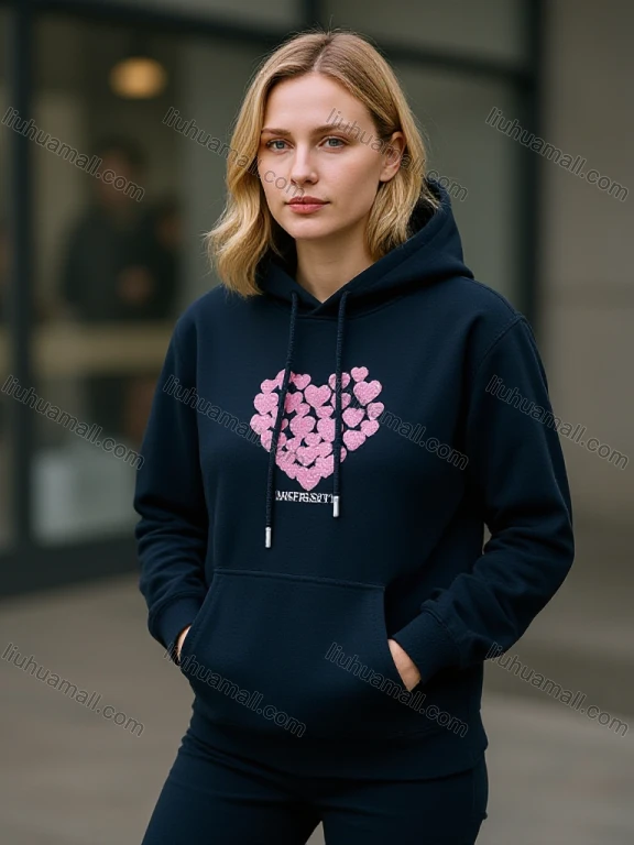 Wholesale Women's Navy Blue Hoodie with Pink Heart Design, Drawstring Hood & Kangaroo Pocket Casual Sweatshirt