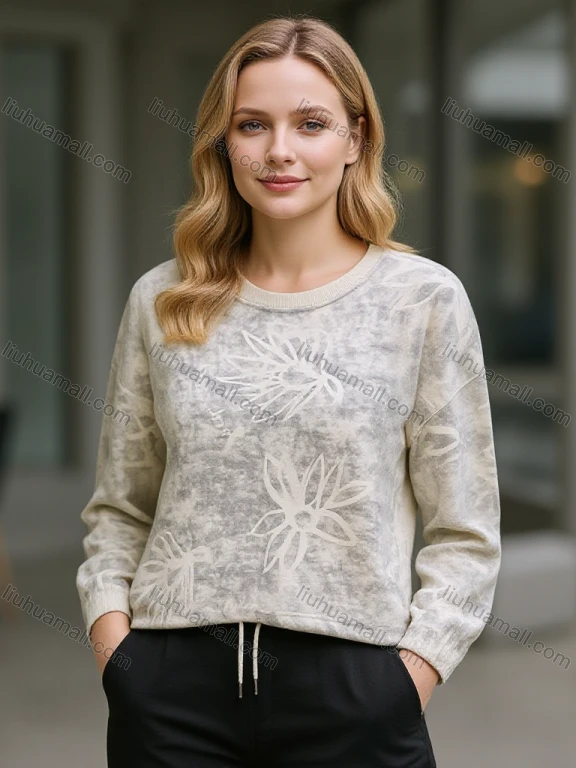 Wholesale Women's Stylish Beige Floral Embroidered Crewneck Sweatshirt w/ Ribbed Cuffs & Hem Casual Chic Bulk Purchase