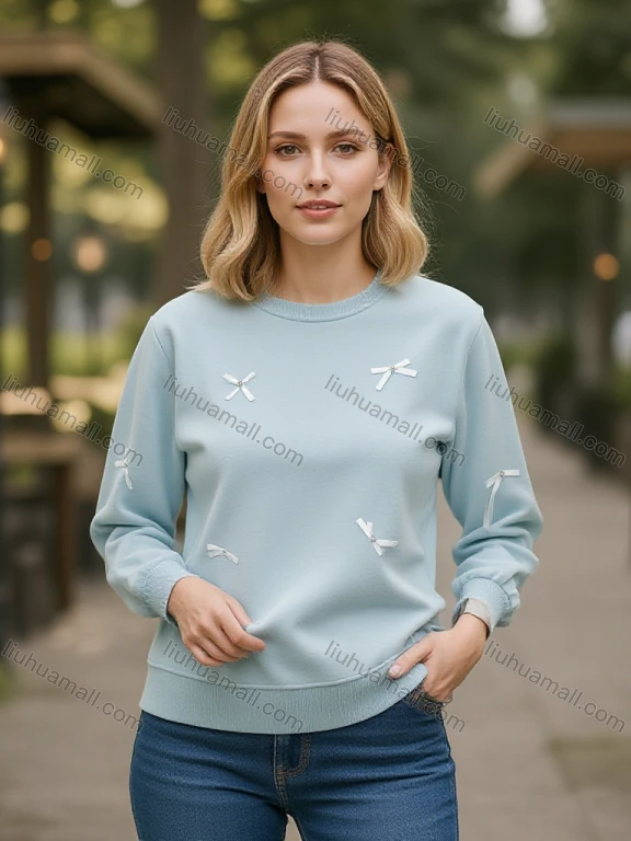 Wholesale Women's Light Blue Sweatshirt w/ White Bow, Oversized, Bulk Order