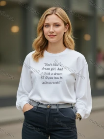 Wholesale Women's White Long Sleeve Sweatshirt w/ Black Graphic Quote - Bulk Order Discount, LIUHUA CLOTHING WHOLESALE