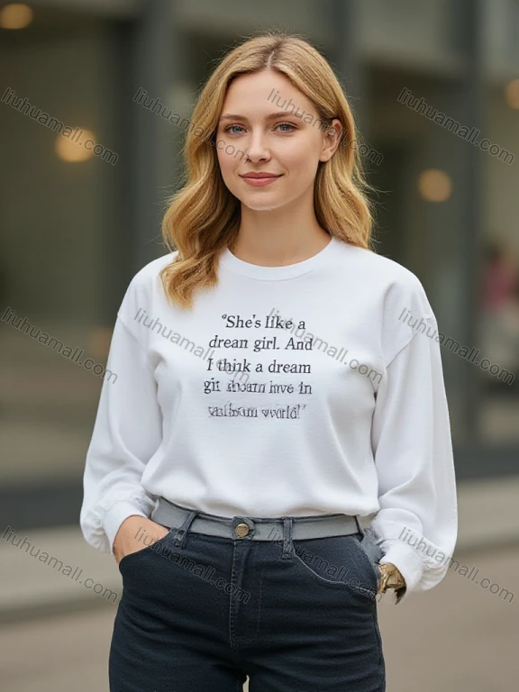 Wholesale Women's White Long Sleeve Sweatshirt w/ Black Graphic Quote - Bulk Order Discount