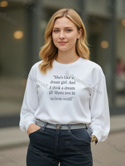 Wholesale Women's White Long Sleeve Sweatshirt w/ Black Graphic Quote - Bulk Order Discount