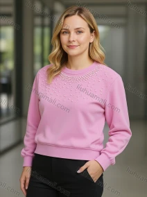 Wholesale Women's Pink Pearl - Embellished Sweatshirt, Loose Casual Top w/ Soft Knit for Bulk Order, LIUHUA CLOTHING WHOLESALE