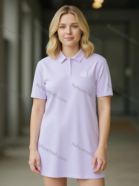 Wholesale Women's Polo Dress - Pink Short Sleeve w/ Small Logo, Loose Fit Casual Chic for Bulk Order