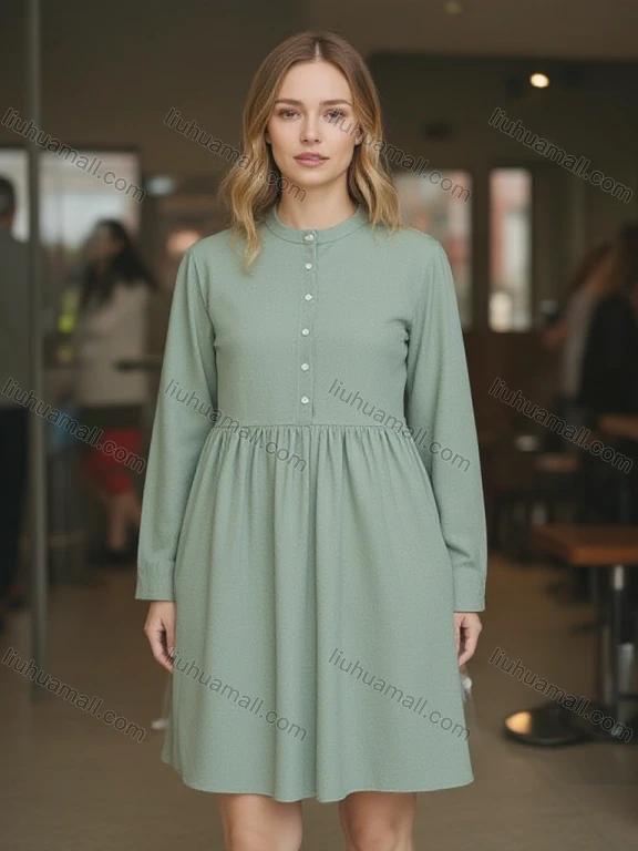Wholesale Women's Light Green Button - Front Dress w/ Pleated Waist - Loose Flowy Silhouette for Bulk Order