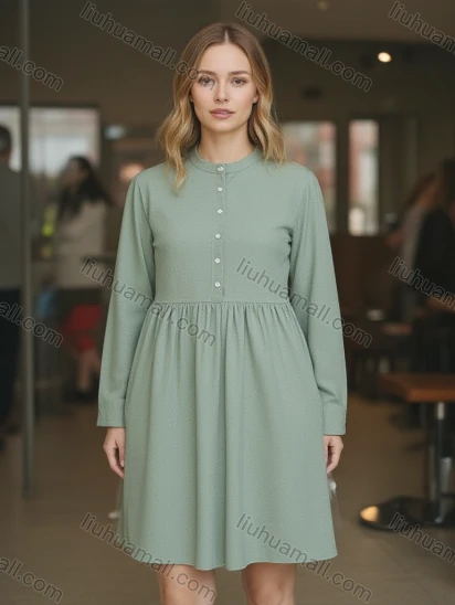 Wholesale Women's Light Green Button - Front Dress w/ Pleated Waist - Loose Flowy Silhouette for Bulk Order