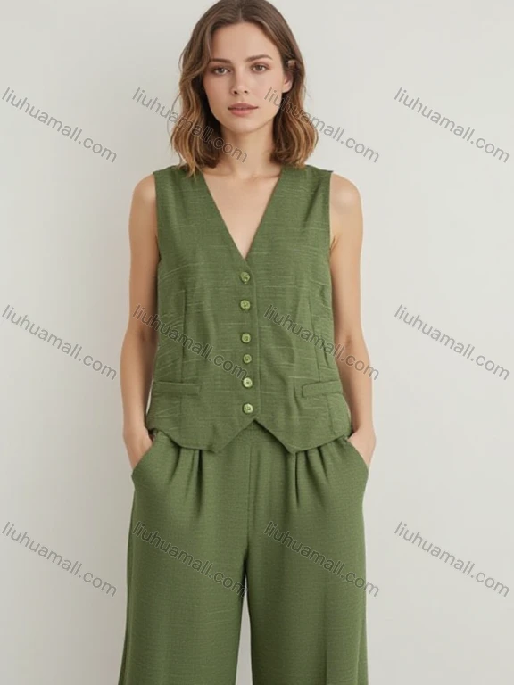 Wholesale Women's 2 - Piece Olive Green Vest + Wide - Leg Pants Set | Wholesale Women's Fashion Suit