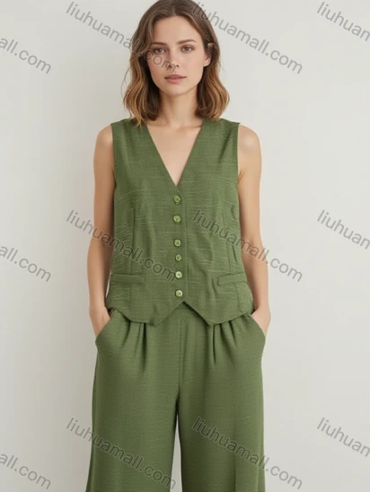 Wholesale Women's 2 - Piece Olive Green Vest + Wide - Leg Pants Set | Wholesale Women's Fashion Suit