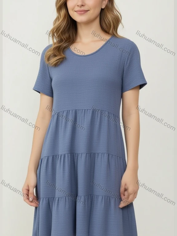 Wholesale Women's Light Blue Casual Dress - Short Sleeve Loose Fit, Soft Knit Fabric w/ Pleated Waist for Bulk Order
