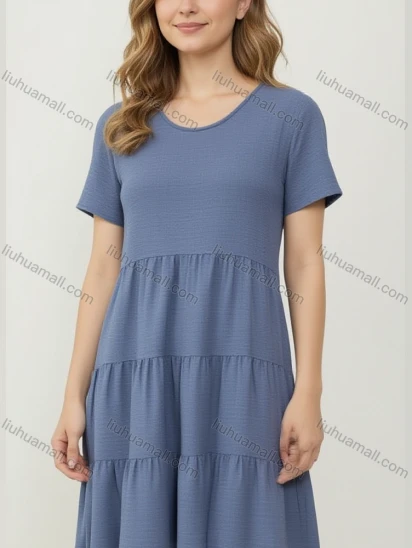 Wholesale Women's Light Blue Casual Dress - Short Sleeve Loose Fit, Soft Knit Fabric w/ Pleated Waist for Bulk Order