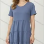 Wholesale Women's Light Blue Casual Dress - Short Sleeve Loose Fit, Soft Knit Fabric w/ Pleated Waist for Bulk Order preview