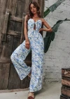Wholesale Women's Casual Spaghetti Strap Cutout Tie Front Allover Floral Print Wide Leg Jumpsuits AY118# - Liuhuamall