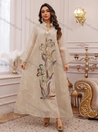 Wholesale Luxury Embroidered Abaya for Women, Elegant Sequined Floral Kaftan Dress, Modest Muslim Maxi Robe for Evening Party, LIUHUA CLOTHING WHOLESALE