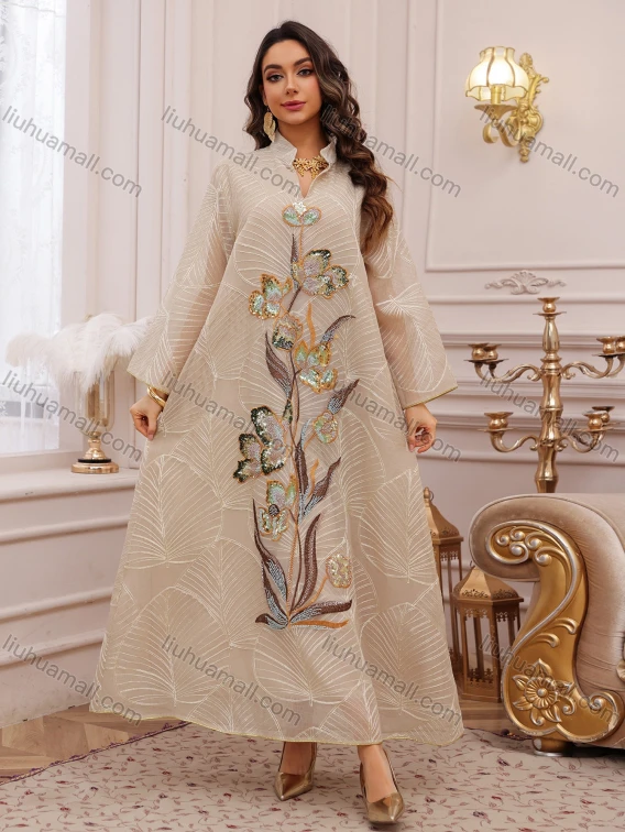 Wholesale Luxury Embroidered Abaya for Women, Elegant Sequined Floral Kaftan Dress, Modest Muslim Maxi Robe for Evening Party, Guangzhou Clothing Wholesale Market & China Sourcing - LIUHUAMALL, Specialty