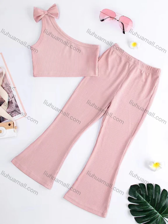Wholesale Girl's Plain Rib-knit Bow Knot One Shoulder Crop Tank Top & Flare Pants 2 Piece Set