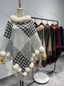 Wholesale Women's Causal Fashion Houndstooth Fuzzy Cape, LIUHUA CLOTHING WHOLESALE