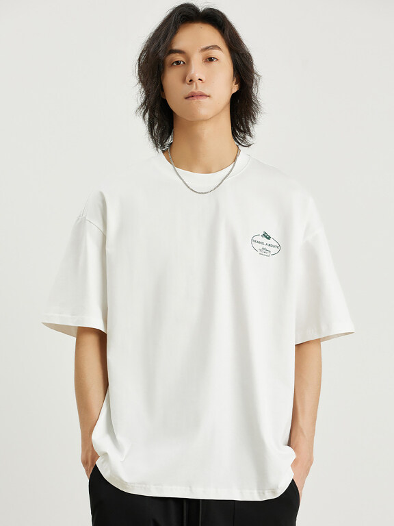 Men's Fashion 100%Cotton Round Neck Short Sleeve Letter Graphic Label Drop Shoulder T-shirts, Clothing Wholesale Market -LIUHUA, MEN, Tops