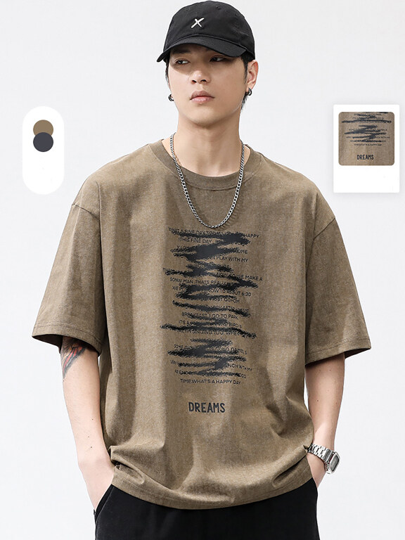 Men's Fashion Round Neck Half Sleeve Letter Graphic Drop Shoulder T-shirts, Clothing Wholesale Market -LIUHUA, MEN