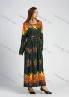 Wholesale Women's Casual Long Sleeve Round Neck Vintage Print Drawstring Maxi Dress - Liuhuamall