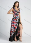Wholesale Women's Allover Print Strap Deep V Neck Ruffled Trim Front Slit Maxi Cocktail Dress - Liuhuamall