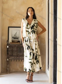 Wholesale Women's Casual Abstract Print V Neck Woven Maxi Tank Dress 2409451#, LIUHUA CLOTHING WHOLESALE