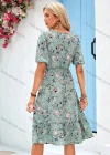 Wholesale Women's Casual Floral Print Round Neck Puff Sleeve Knee Length Dress With Belt - Liuhuamall